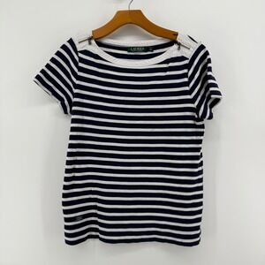 Lauren Ralph Lauren T-Shirt Womens L Navy White Striped Cotton Shoulder Zippers
